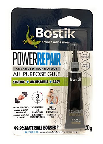 Bostik Power Repair Adhesive, Ultra Strong, Fast Drying, SM Polymer Technology, Dual Nozzle, Colour: Clear, 20g Tube