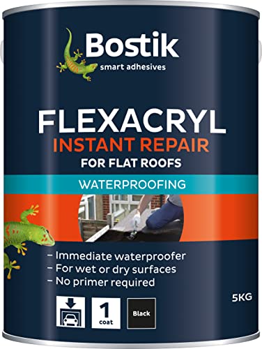 Bostik Flexacryl Instant Repair Waterproof Compound for Flat Roofs, Colour: Black, 5kg